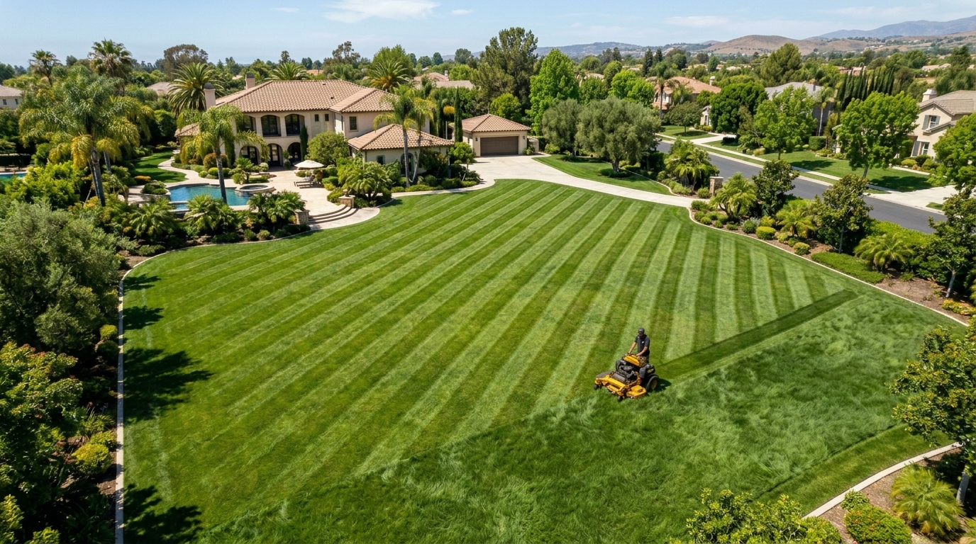 Aerial drone view of manicured lawn